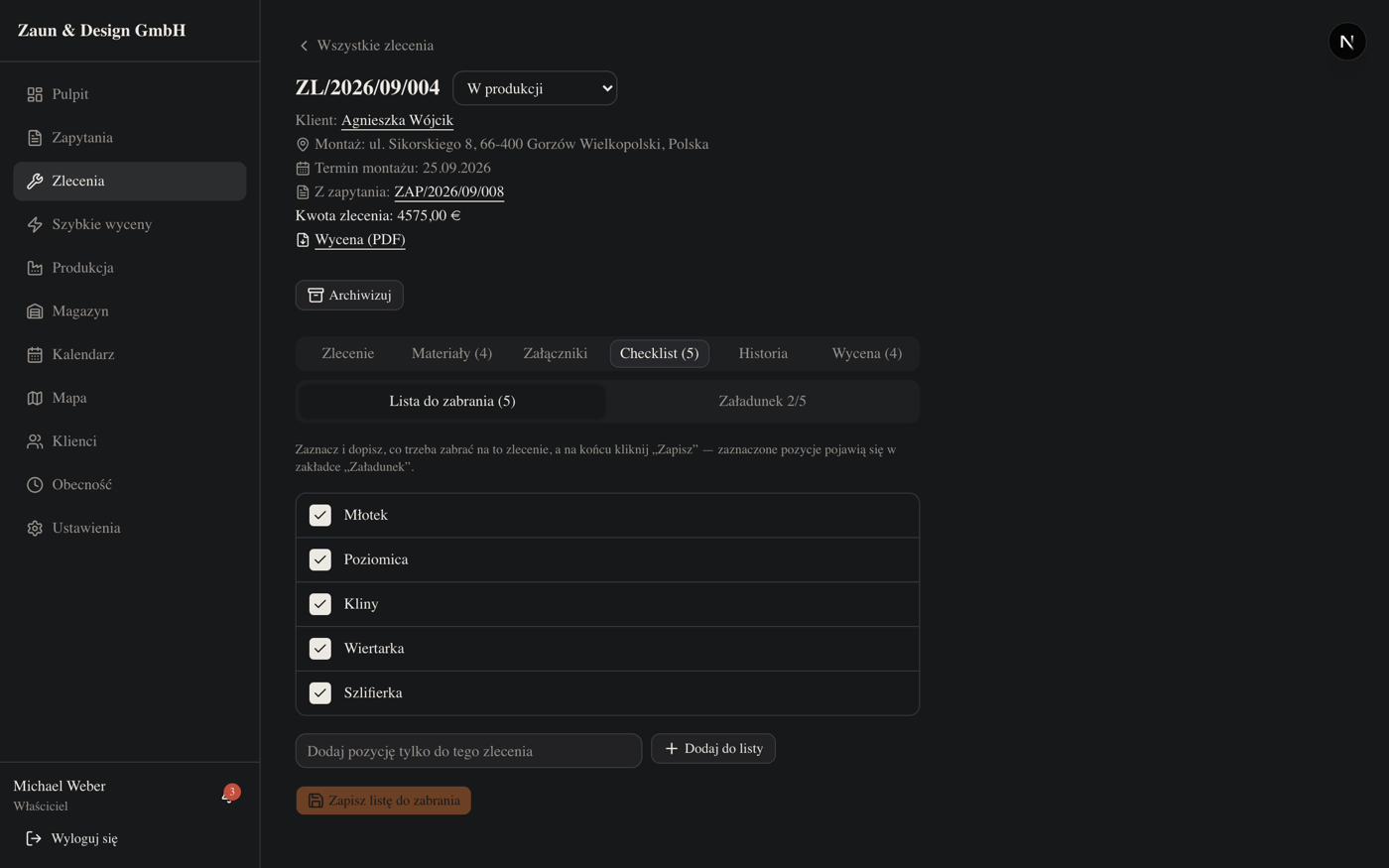 Checklisty montażowe — zrzut 1